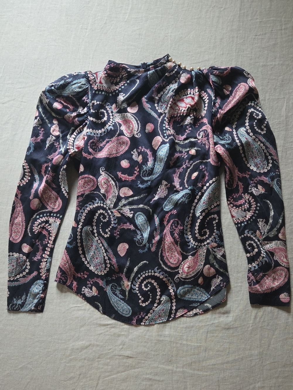 Boho Paisley & Seashell High-Neck Blouse - Faux Pearl & Button Details - Perfect